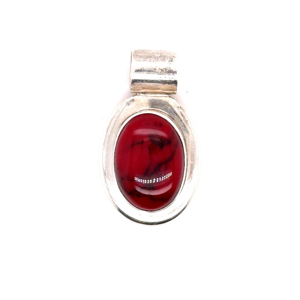 Vintage Mexico 925 Sterling Silver Red Stone Oval Cabochon Pendant 9.9g